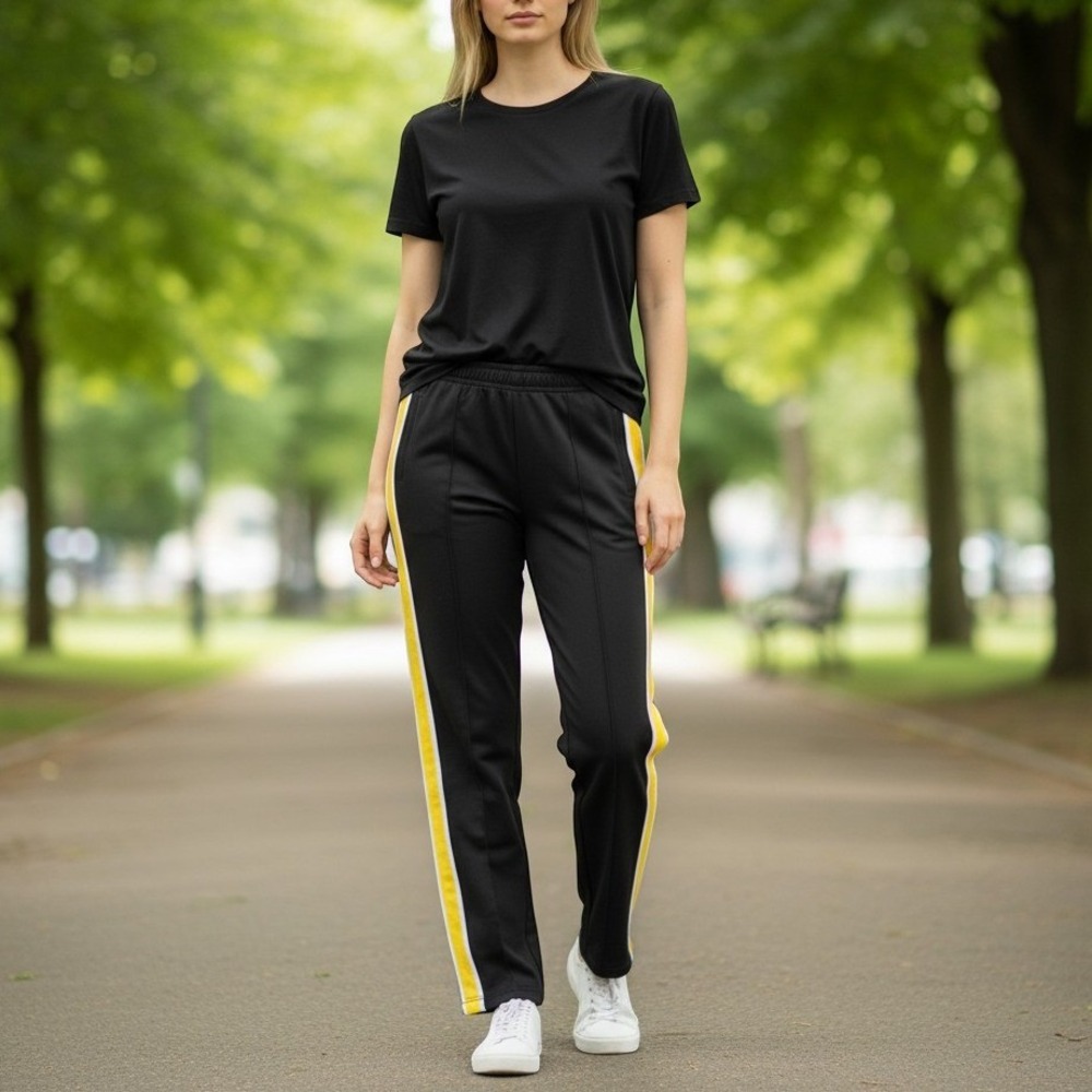 GW Sport Womens Black Yellow Side Stripe Track Pants Joggers Large NWT